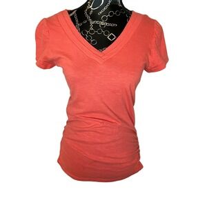 Coral V-Neck Top Ruched Side Short Sleeve Casual Everyday Tee